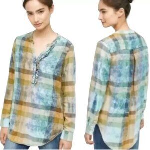ANTHROPOLOGIE / ISABELLA SINCLAIR Top, Orange Blue Tie Dye Plaid Ruffle, XS